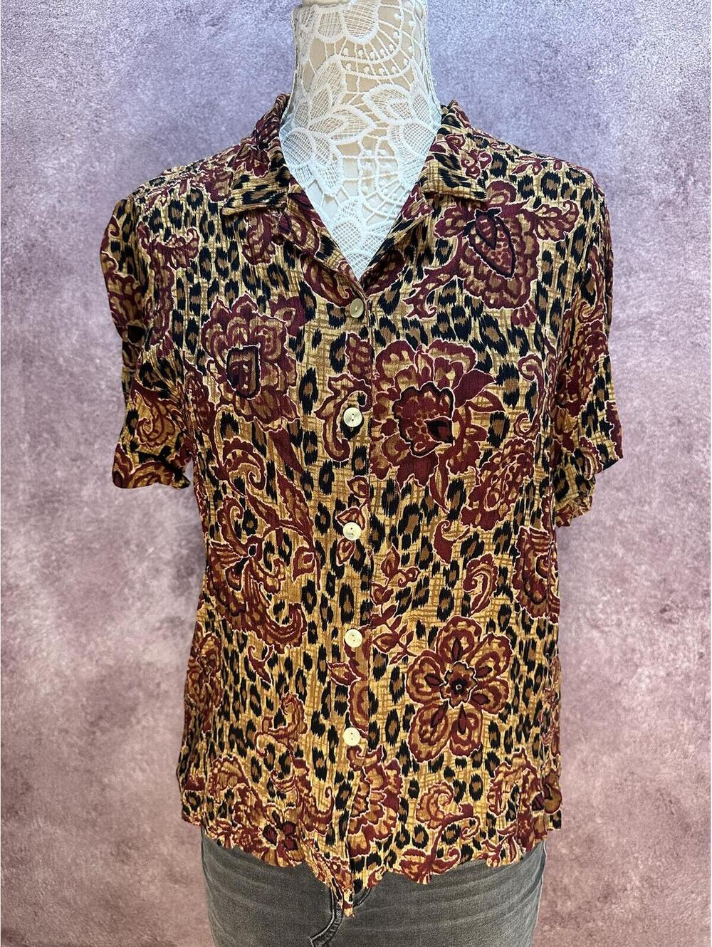 Requirements Vintage Floral and Leopard Print Button Up Shirt Large Brown Black
